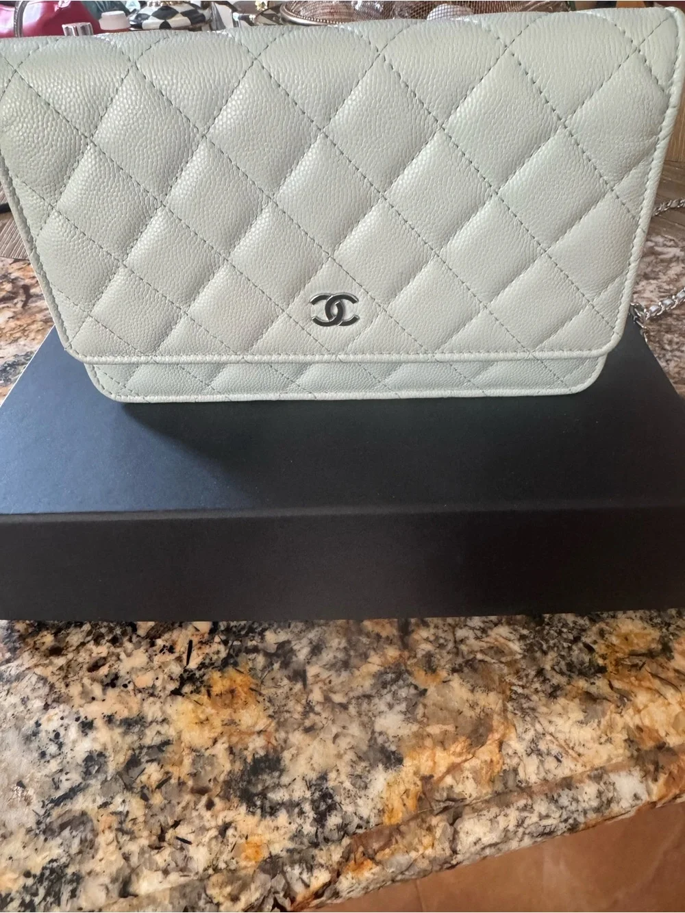 Chanel Quilted Leather Chain Wallet - Pale blue silver hardwear